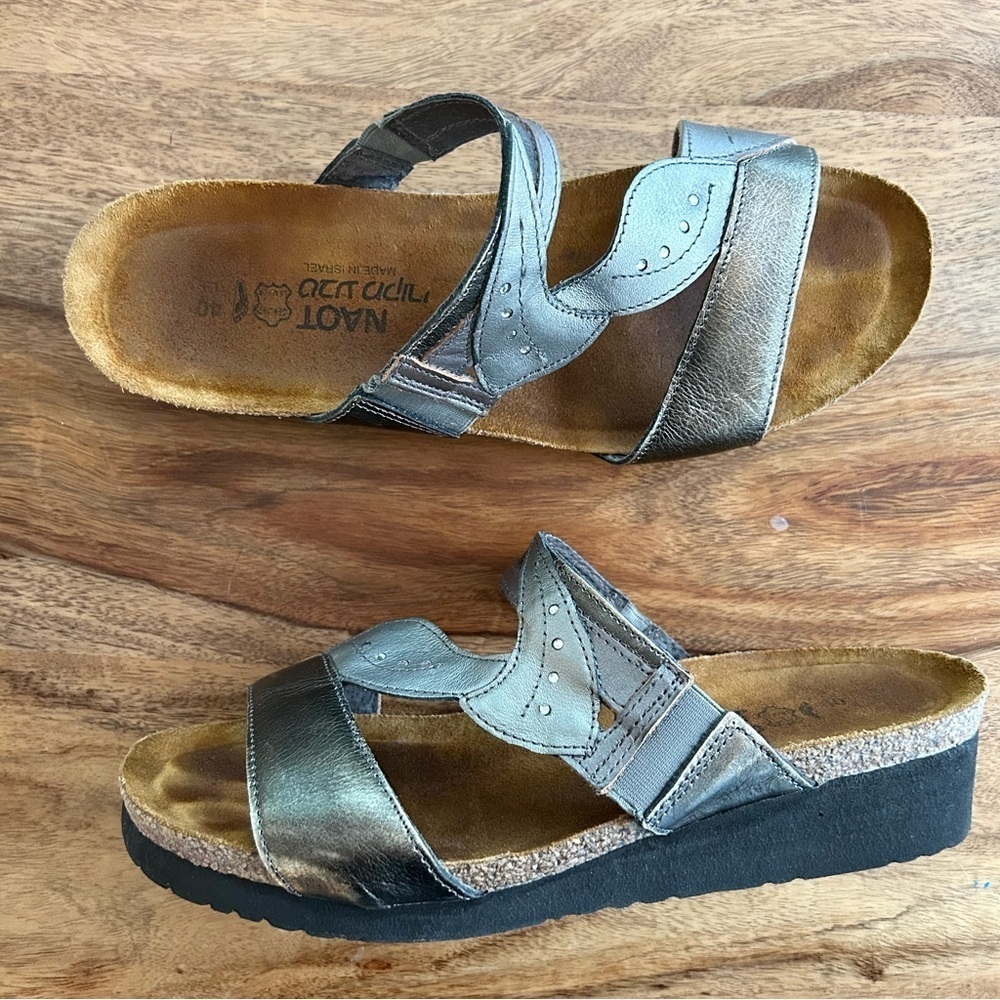 NAOT Kimberly silver bronze metallic women’s slide sandals with cork footbed